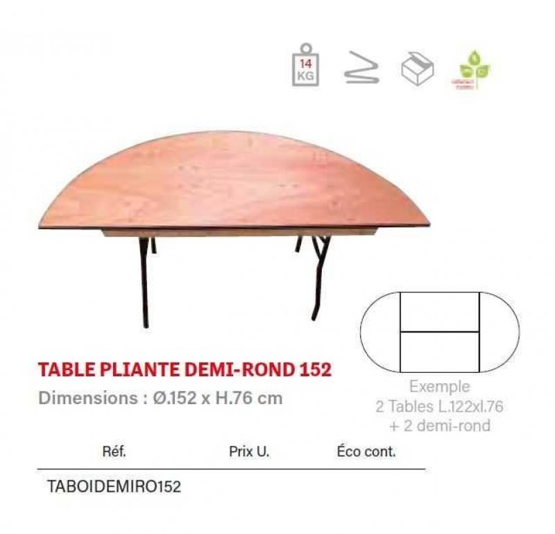 Table pliante Bois demi-ronde 152 cm