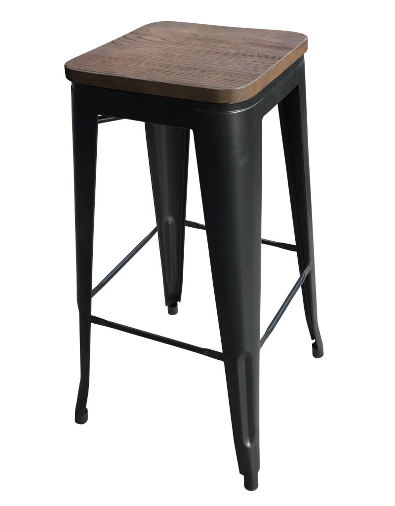 Tabouret métallique INDUSTRIEL empilable, assise Bois chocolat