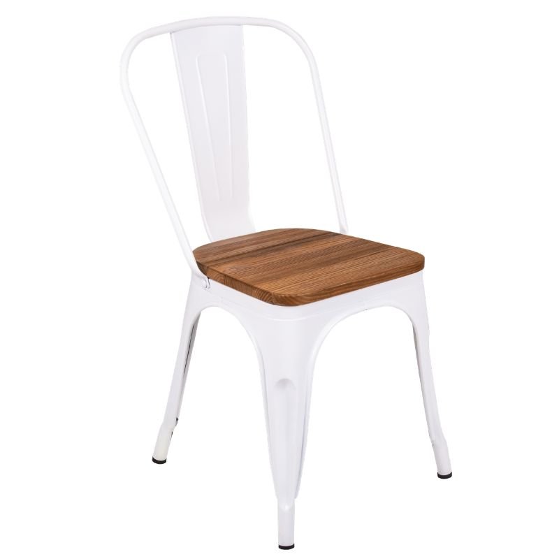 Chaise métallique industrielle blanche - assise bois clair