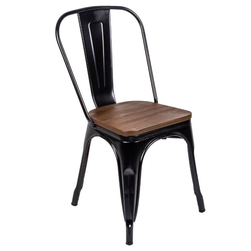 Chaise métallique industrielle noire, assise bois chocolat