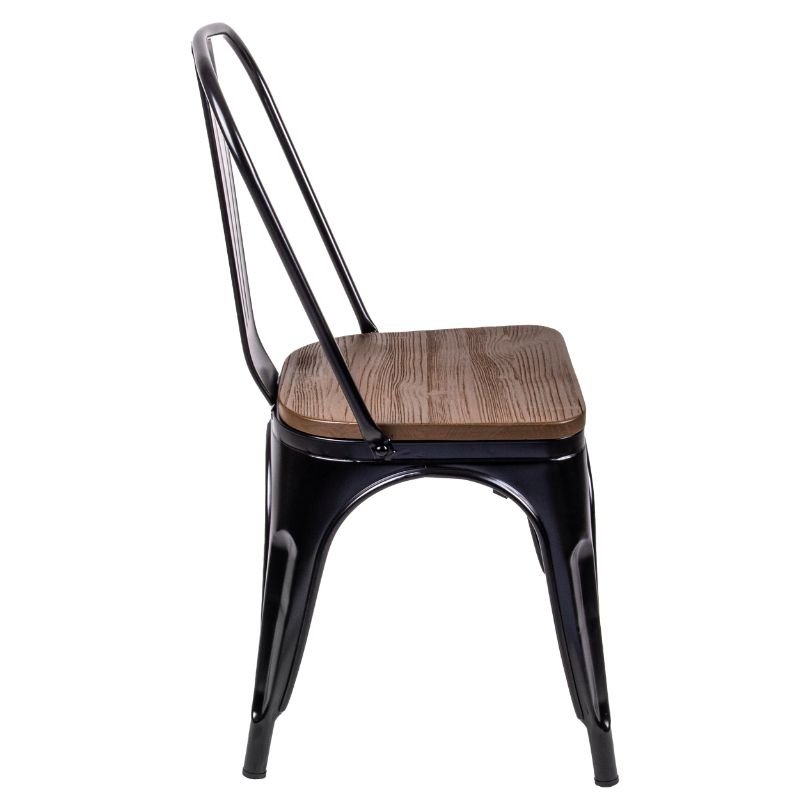 Chaise métallique industrielle noire, assise bois chocolat