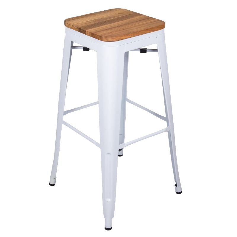 Tabouret métallique industriel empilable, blanc assise bois clair