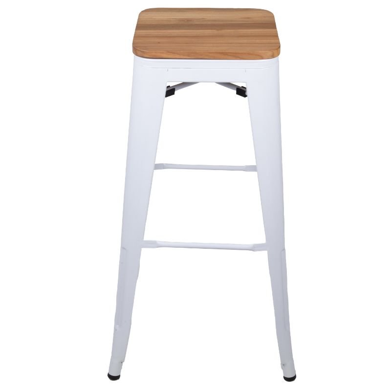 Tabouret métallique industriel empilable, blanc assise bois clair
